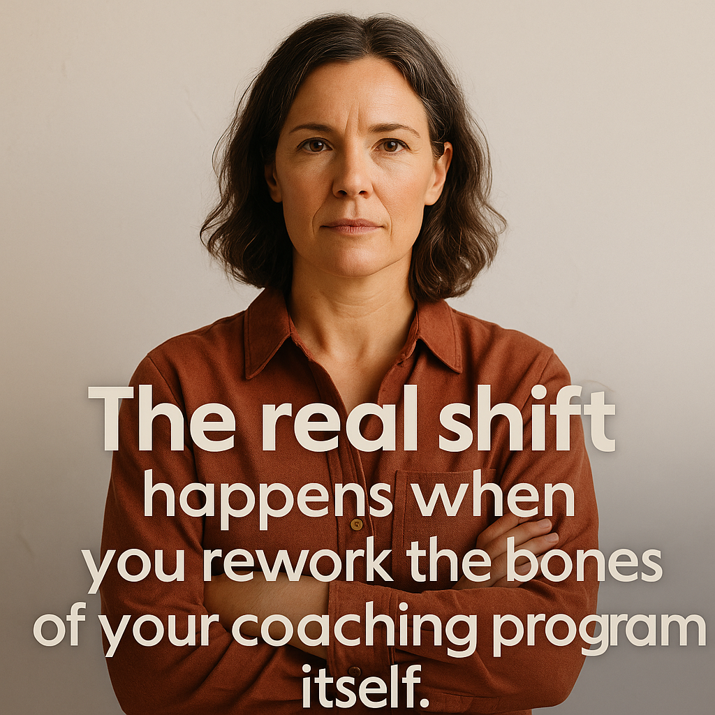 A confident coach smiling in front of a laptop, building her new coaching program with clarity and confidence.