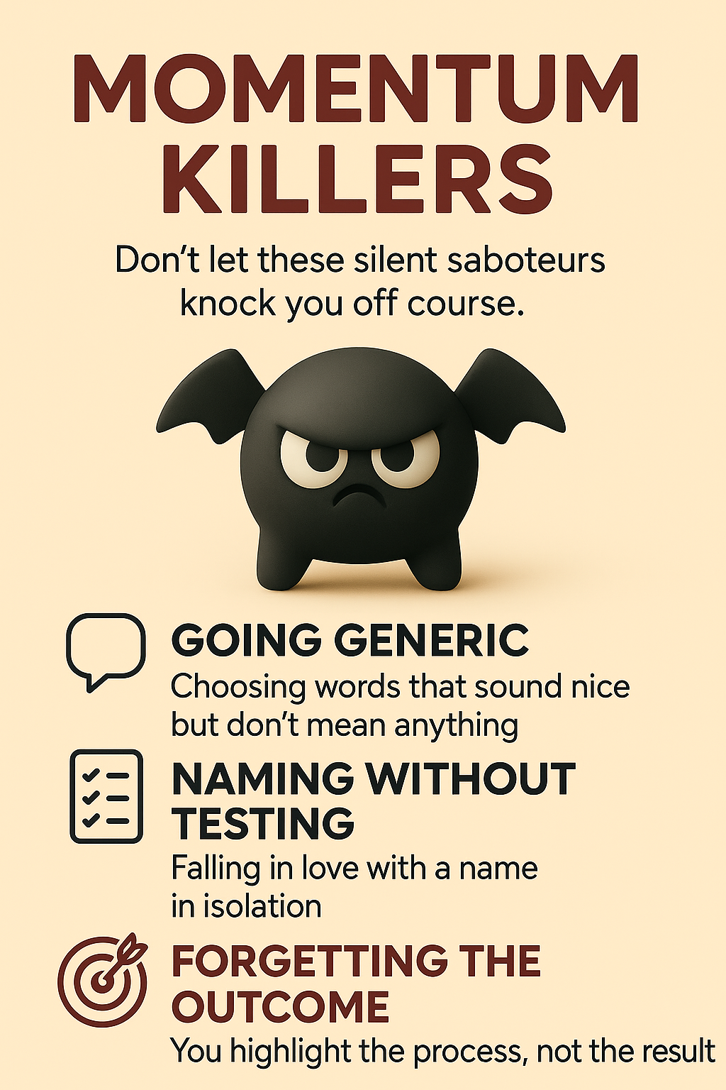 Momentum Killers infographic listing top 3 mistakes coaches make when naming their programs.