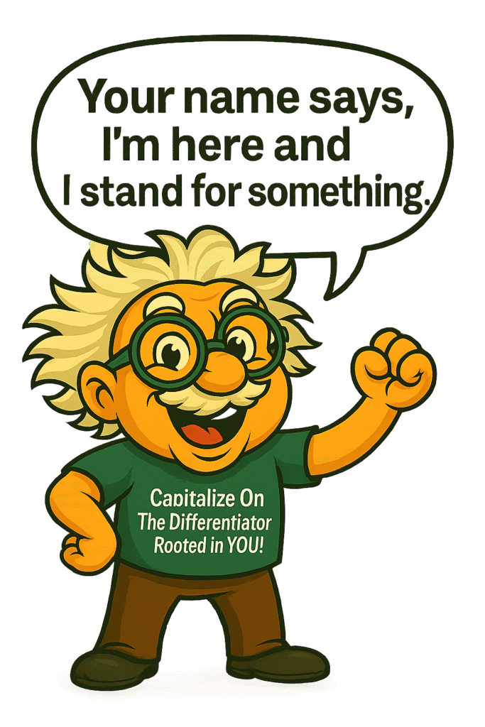 Cartoon professor character pointing to speech bubble that says, “Your name says, ‘I’m here and I stand for something.’”