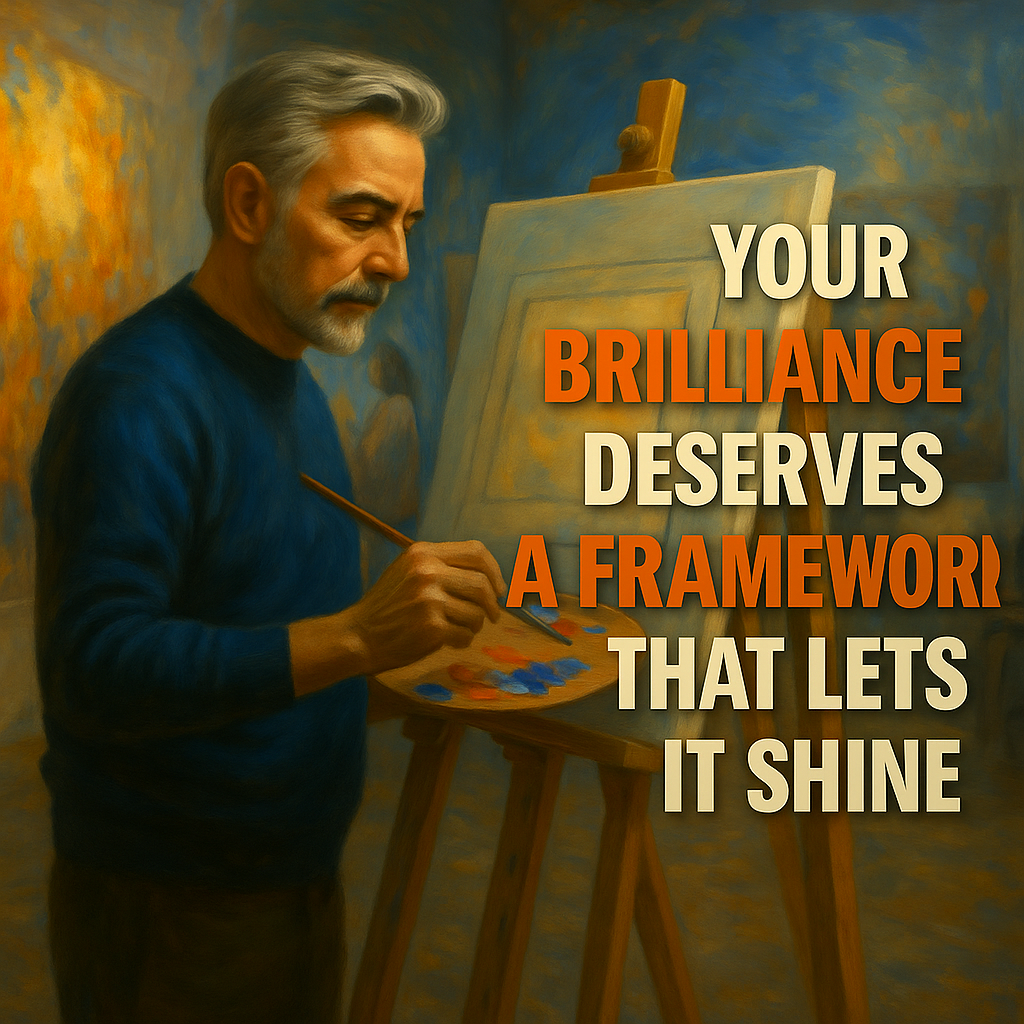 A surreal scene of a coach painting a blank canvas—representing the creative process of designing a coaching program from scratch.