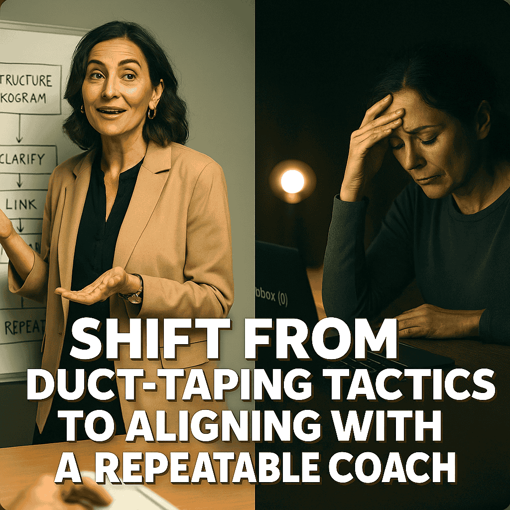 Split-screen image of a coach before and after using a repeatable coach method to gain traction in their business.