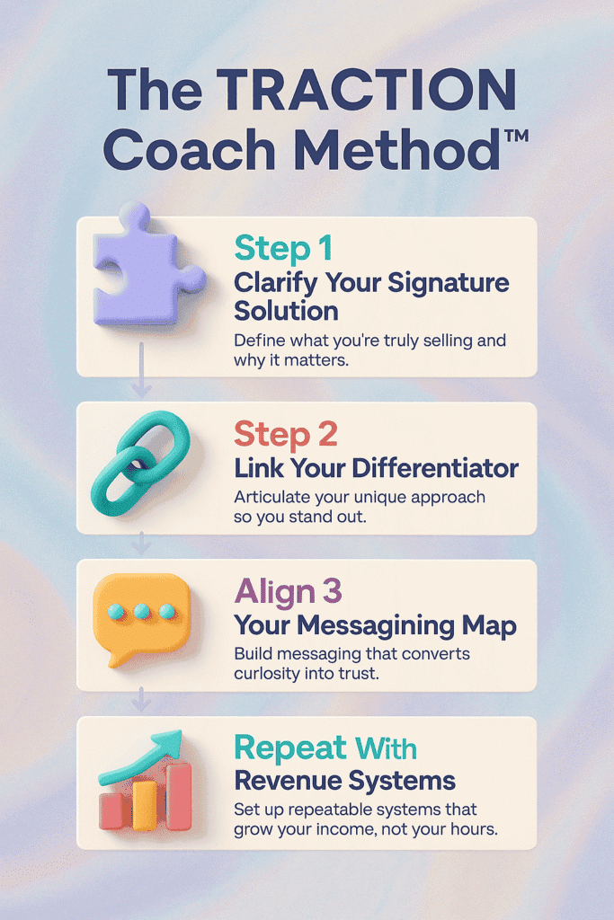Infographic showing the TRACTION Coach Method with four colorful icons representing clarity, messaging, differentiation, and systems.