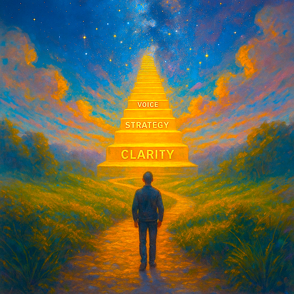 Digital illustration of a staircase labeled with steps of the coach method: Voice, Strategy, Clarity, Systems.