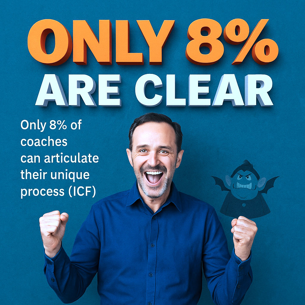 A professional coach standing confidently in front of a digital flowchart titled ‘My Coach Method Blueprint.’