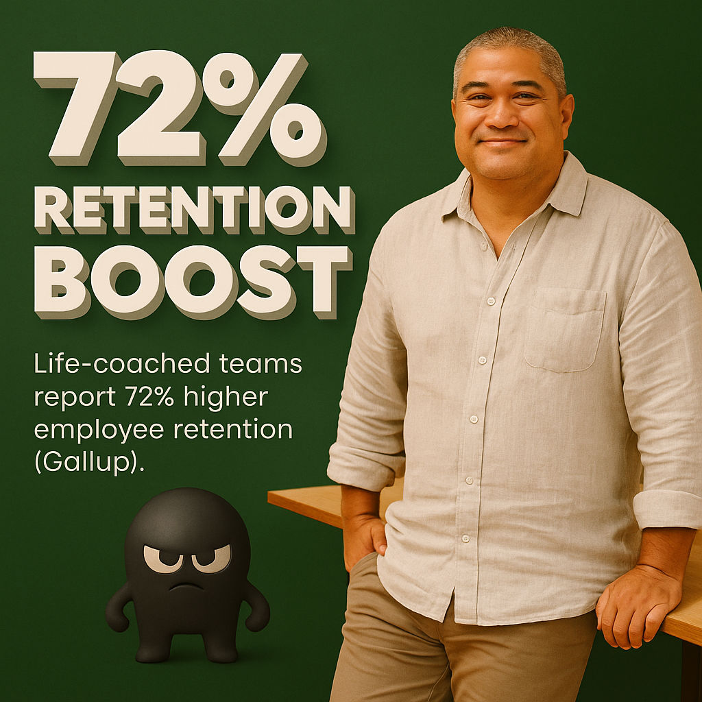 Illustrated character holding a motivational sign related to life coaching for businesses.