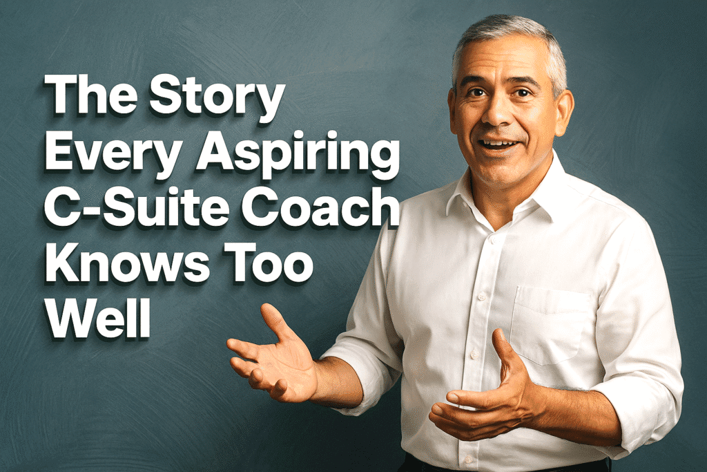 Confident Latino man in a white dress shirt with rolled sleeves, gesturing expressively beside bold 3D text that reads 'The Story Every Aspiring C-Suite Coach Knows Too Well' on a textured blue-gray background.