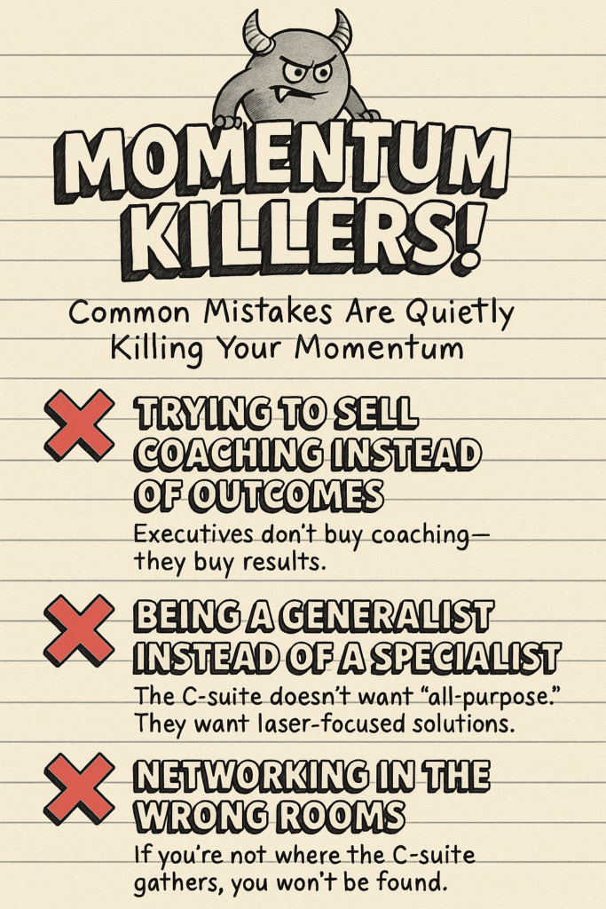 Notebook-style infographic with cartoon saboteur character, red X icons, and bold 3D titles listing three mistakes: Trying to Sell Coaching Instead of Outcomes, Being a Generalist Instead of a Specialist, and Networking in the Wrong Rooms.