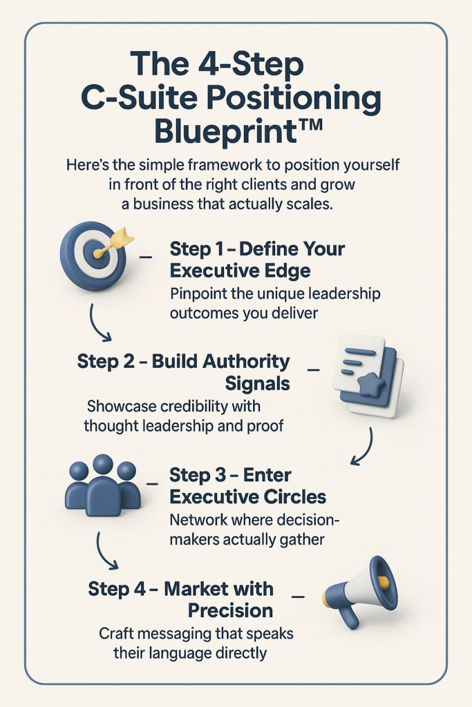Vertical infographic titled 'The 4-Step C-Suite Positioning Blueprint™' featuring four 3D icons and bold text steps: Define Your Executive Edge, Build Authority Signals, Enter Executive Circles, and Market with Precision.