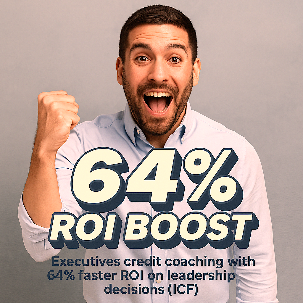 Excited male coach in rolled-sleeve blue shirt cheering with a fist pump, overlaid with huge 3D text '64% ROI Boost' and smaller caption: 'Executives credit coaching with 64% faster ROI on leadership decisions (ICF).'