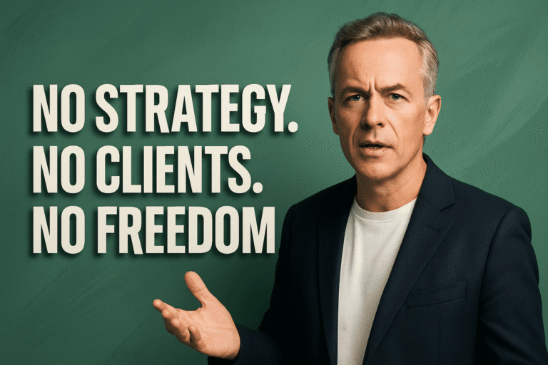Professional coach in a dark blazer speaking against a green background with bold text reading 'No Strategy. No Clients. No Freedom.' representing the struggle of running a coaching business without a clear plan.