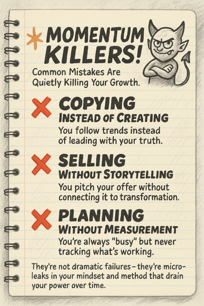 Notebook-style graphic titled 'Momentum Killers – Common Mistakes Are Quietly Killing Your Growth' listing three errors: Copying Instead of Creating, Selling Without Storytelling, and Planning Without Measurement, each marked with a red X beside a small cartoon devil.